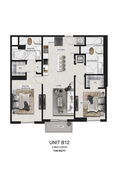 Floor plan for 2 beds, 2 baths, 1120 sqft